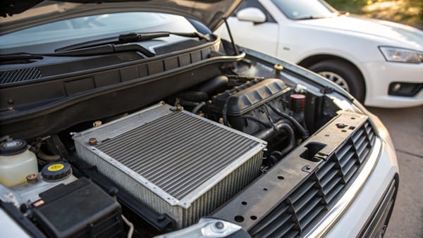 An AC condenser and a car radiator placed side by side for comparison