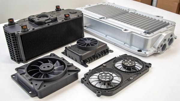 A detailed view of a complex plastic fan shroud for a vehicle's cooling system.