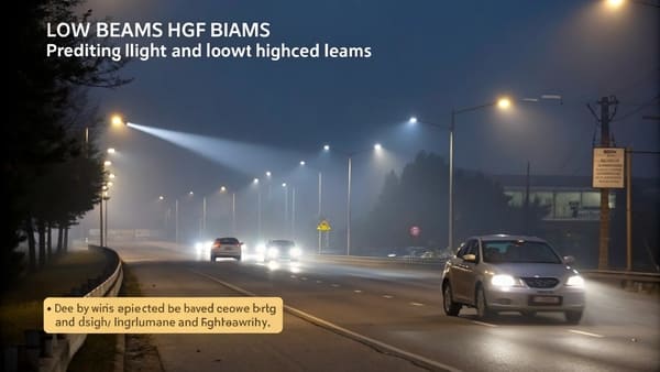 A car driving at night with its low beam headlights on, illuminating the road ahead in a city environment