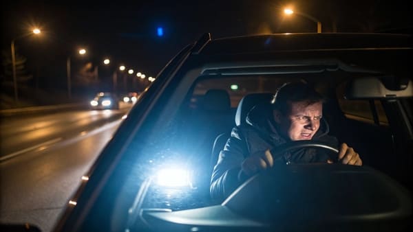 A modern car with bright LED headlights driving on a road at night