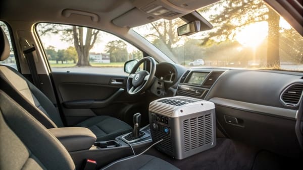 A 12 volt portable air conditioner placed on the dashboard of a car