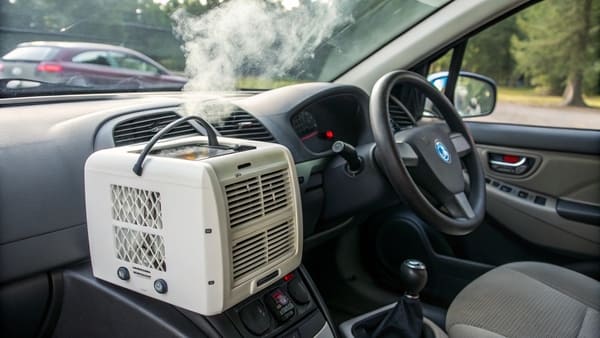 A 12 volt portable air conditioner being used in a car.