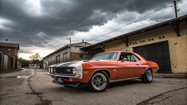 A classic 1970s American muscle car on the road