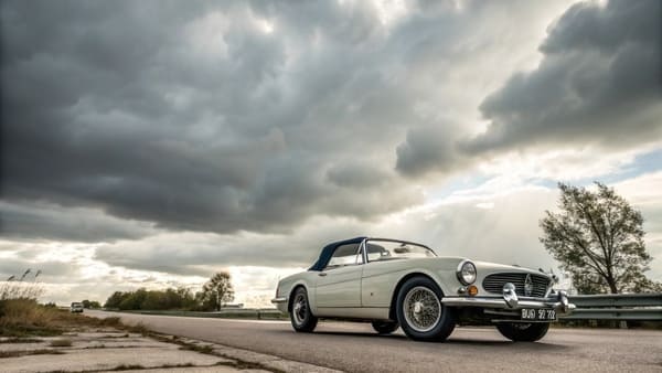 A stunning red classic sports car parked on a scenic road