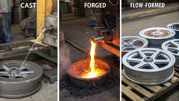A diagram showing the manufacturing process of cast, flow formed, and forged wheels.