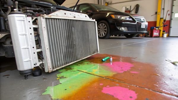 A puddle of green antifreeze coolant under a car