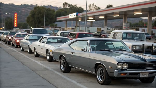 A long line of cars waiting at a gas station in 1973 with a "Sorry, No Gas" sign