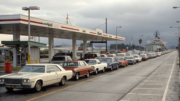 A long line of cars waiting at a gas station in the 1970s
