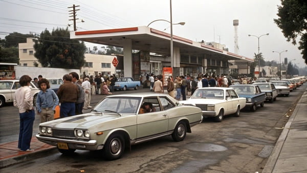 A long line of cars waiting at a gas station in the 1970s