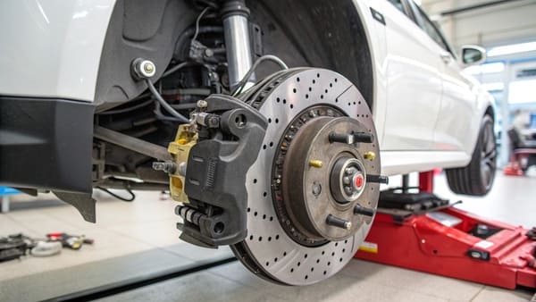 Side-by-side comparison of an OEM and an aftermarket brake pad