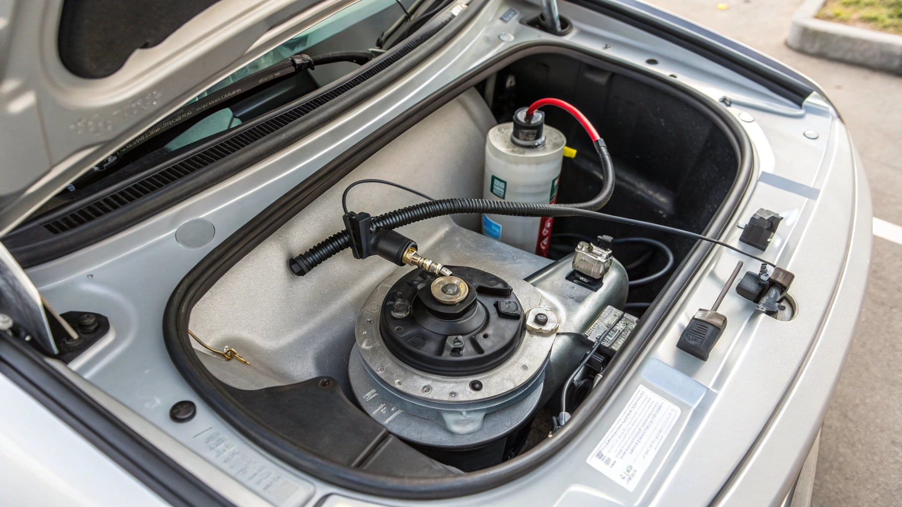 alt with keywords: A car engine showing the fuel rail and fuel injectors.