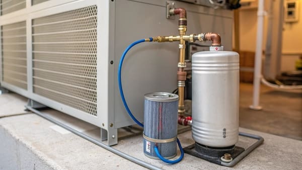 Cutaway view of a filter drier showing the filter mesh and desiccant beads