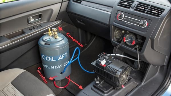 Diagram showing the working principle of a 12V compressor AC unit