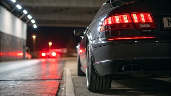 A close-up of a car's red brake light