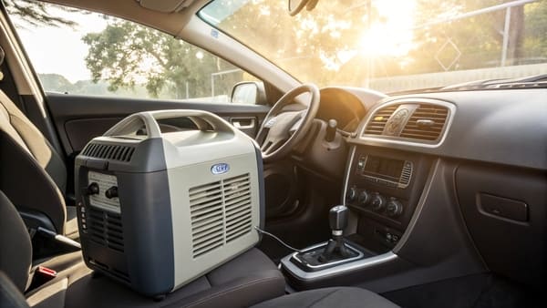 A portable 12V air conditioner unit inside a car