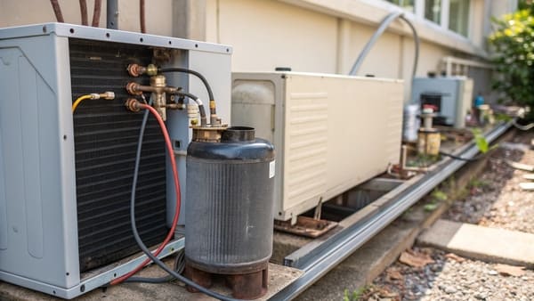 A close-up of a filter drier installed in an HVAC system