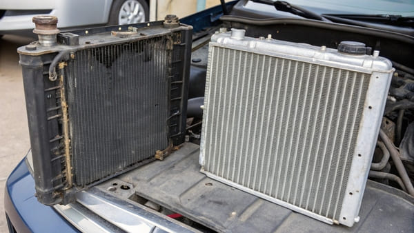 A cracked and leaking cheap radiator next to a new, sturdy one.