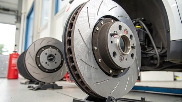 A warehouse shelf stocked with boxes of different brake rotor brands