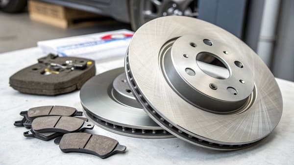 A warehouse shelf stocked with boxes of various brake rotor brands