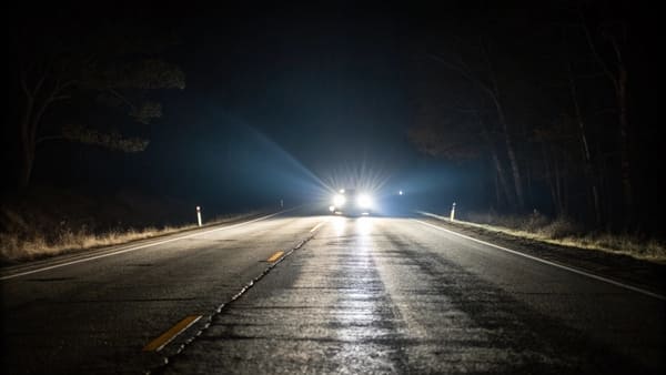 A diagram comparing the beam pattern of low beam and high beam headlights