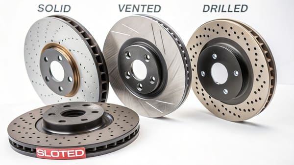 An array showing different types of brake rotors: solid, vented, drilled, and slotted