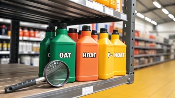 Four different types of coolant in clear containers showing their colors