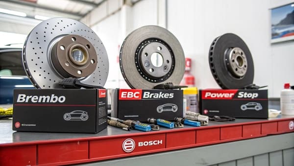 A display of different brake rotor brands on a shelf
