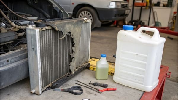 A cracked plastic end tank on a car radiator