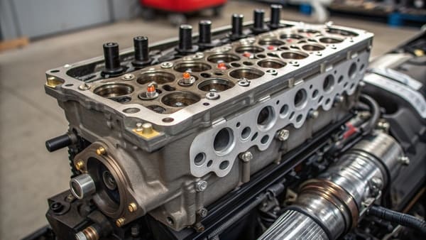 Cross-section of a cylinder head showing valves and camshafts