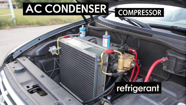 A technician inspecting a car's AC condenser