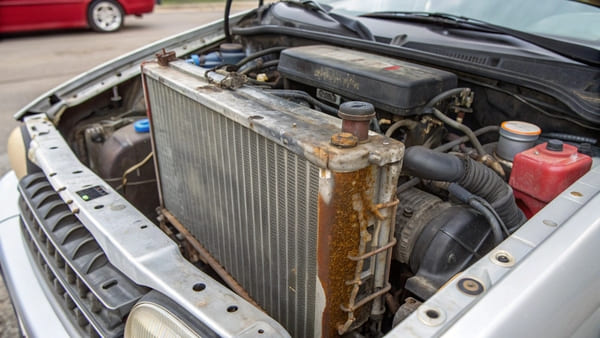 An old, corroded radiator being removed from a car