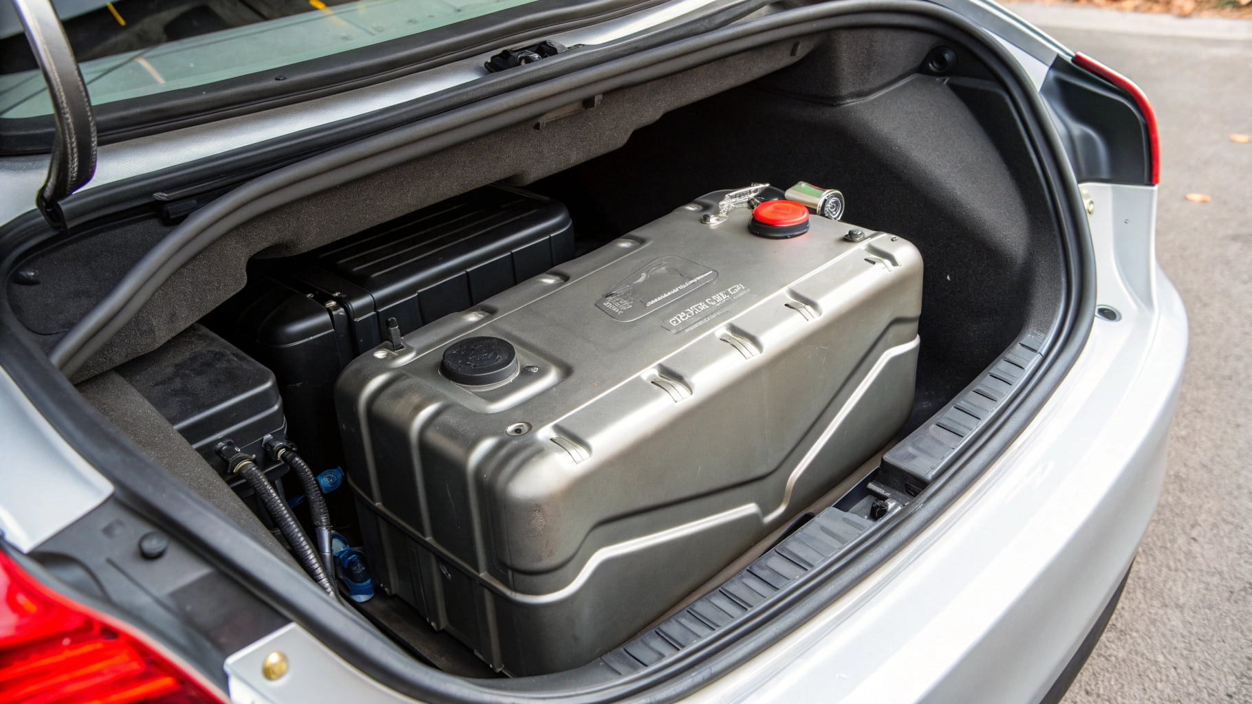 alt with keywords: A modern, high-density polyethylene car fuel tank with its complex shape.