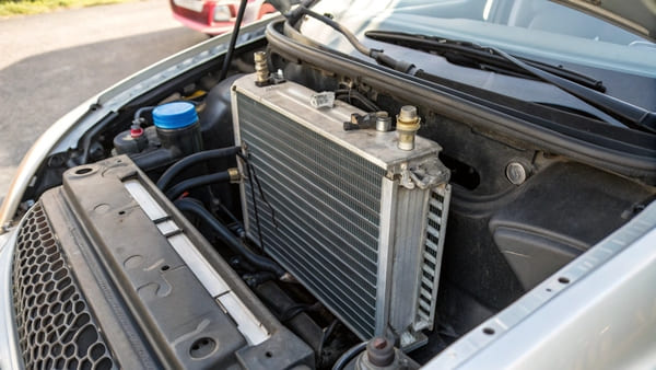 A close-up of a car radiator's fins and tubes