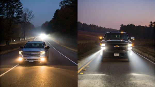 A car's front end, highlighting the separate headlight, fog light, and an auxiliary driving light