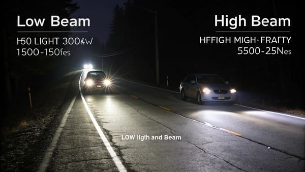 A car driving on a dark, empty rural road with its high beams on