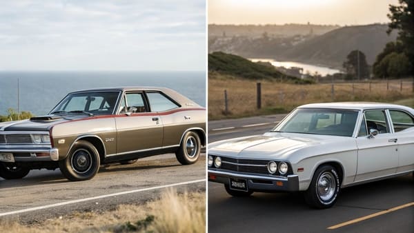 Side-by-side comparison of a 1960s muscle car and a 1970s personal luxury coupe