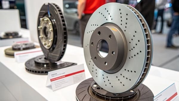 A shelf in an auto parts store displaying boxes of different trusted brake disc brands