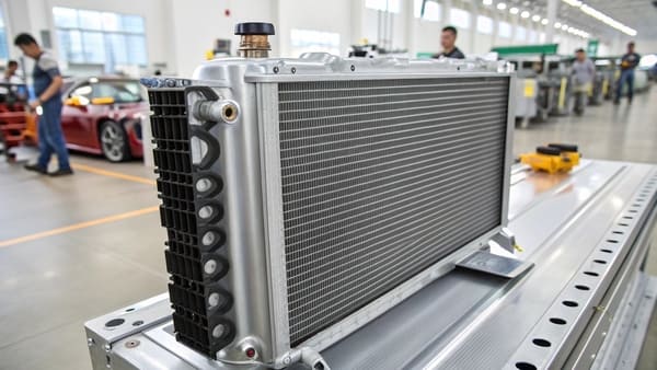 A lineup of different radiator brands on a workshop shelf