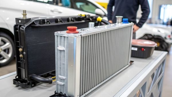 A comparison of an OEM radiator and an aftermarket radiator