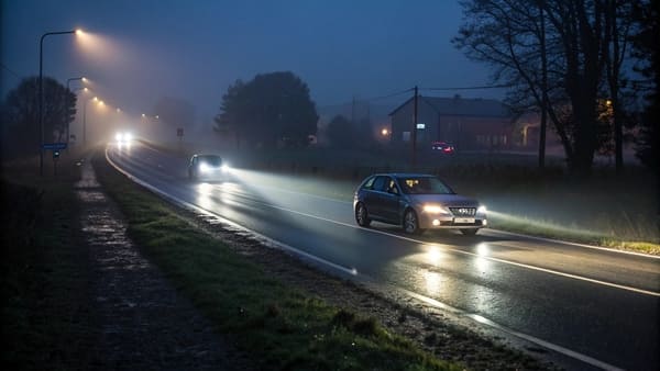 A modern car showing its headlights, DRLs, and fog lights