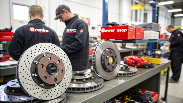 An illustration showing how a brake caliper clamps onto a brake rotor