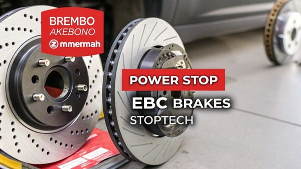 An assortment of different types of brake rotors, including drilled and slotted