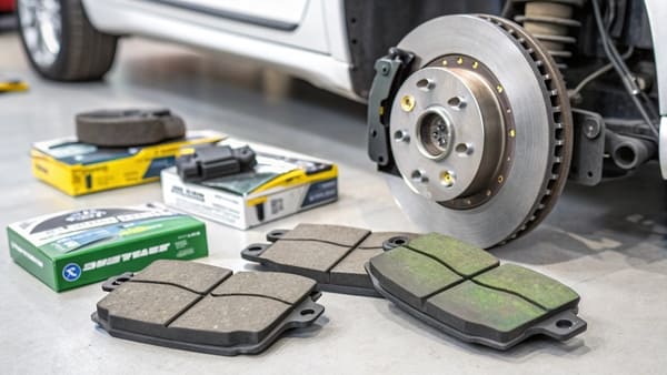 A factory worker inspecting a brake pad