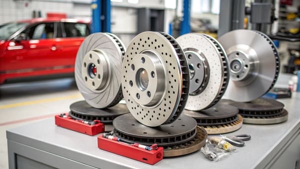 Close-up of a slotted and drilled brake rotor