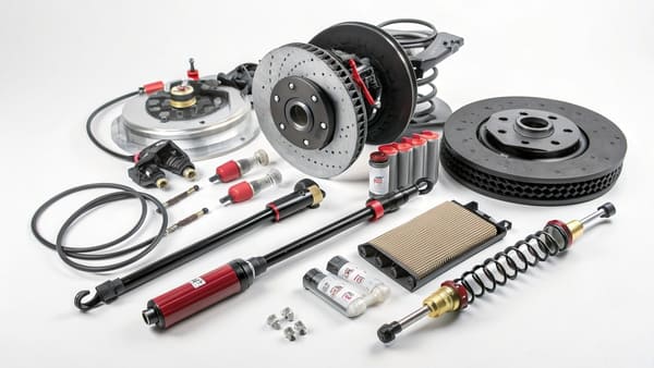 An exploded view of a car's chassis and body