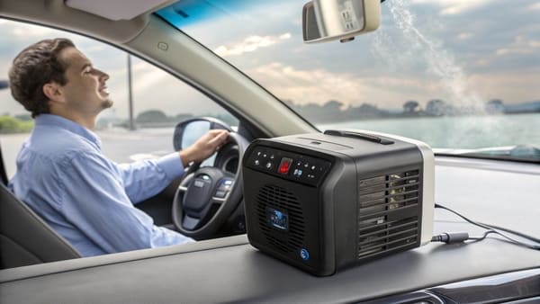 A person plugging a portable car air conditioner into a 12V socket