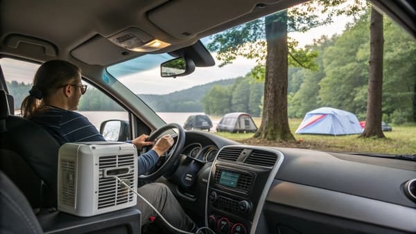 A person using a portable 12V AC while camping next to their car
