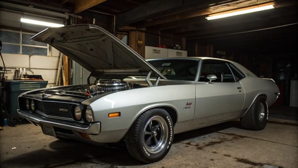A classic 1970s muscle car with its hood open, showing a large V8 engine
