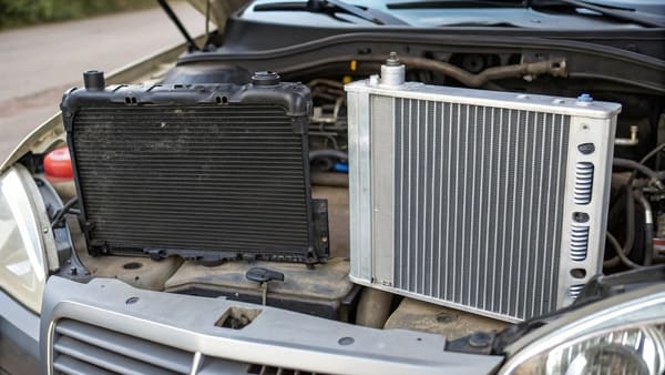 A close-up of an automotive AC condenser's fins and tubes