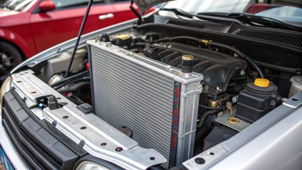 A car engine bay showing a newly installed radiator